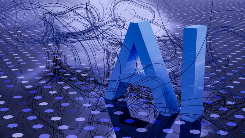 حروف AI ثلاثية الأبعاد وسط شبكة رقمية — اختيار معمارية محايدة لنماذج الذكاء الاصطناعي